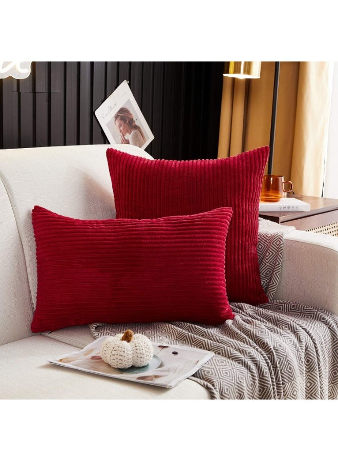 Pack of 2, Corduroy Soft Decorative Square Throw Pillow Cover Cushion Covers Pillowcase, Home Decor Decorations for Sofa Couch Bed Chair 16x16 Inch/40x40 cm (Striped Red) - Image 2